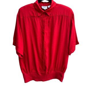 Anne Klein Vintage 80s Womens Red‎ Short Sleeve Band Waist Pullover Blouse 16